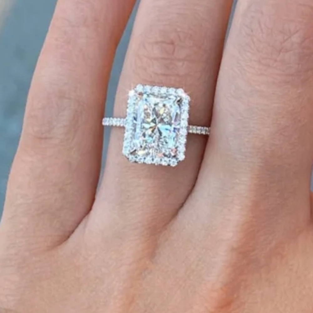 925 Sterling Silver Square Cut White Sapphire Side Micro Inlay Diamond R…